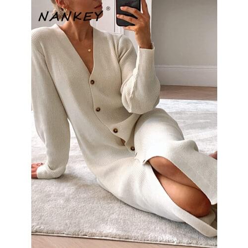 NANKEY Elegant Maxi Cardigan For Women 2021 Winter Balloon Sleeves Knit Sweater Single Breasted Button Ankle Ladies Clothes