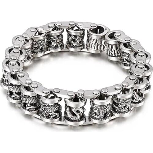 Vintage Ancient Dragon Totem 17mm Amulet Men Bracelets Punk Hiphop Stainless Steel Bike Biker Bracelet Bangle Jewelry Wristband