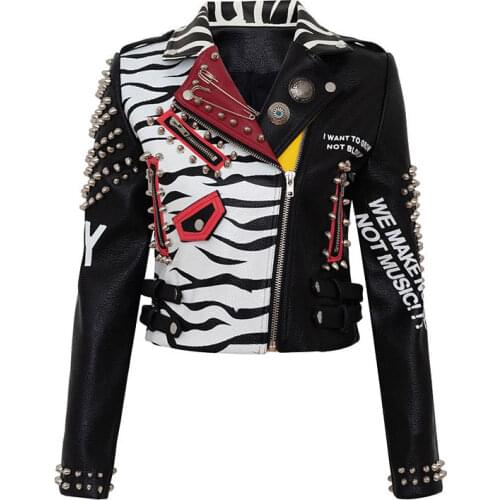 Punk Style Graffiti Faux Leather Short Jacket Women Indian Zebras Pattern Rivet High Waist Motorcycle Clothing