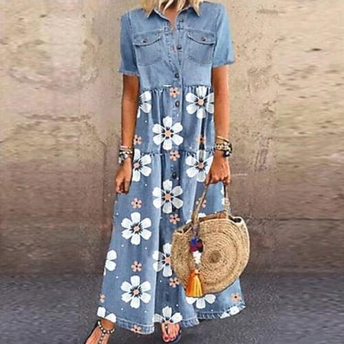 Women Elegant Floral Print Party Dresses 2021 Summer Casual Short Sleeve Button Dress Ladies Fashion Turn-down Collar Maxi Dress
