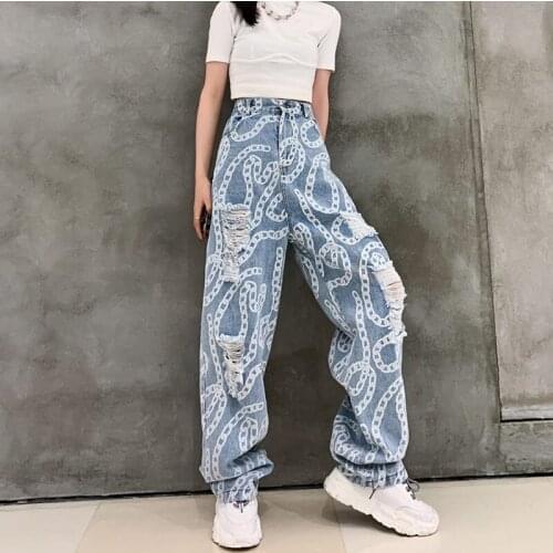 High Waist Light Blue Ripped Jeans Women,Chain Pattern Denim Pants,Street Style Holes Jean Womens Clothing