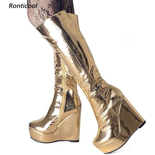 Ronticool 2021 Women Winter Knee Boots Wedges High Heels Round Toe Gorgeous Gold Champagne Silver Party Shoes Plus US Size 5-20