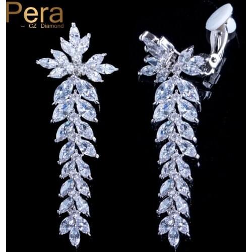 Pera Trendy Women Summer Prom Party Ear Dangle Jewelry Big Leaf Shape Cubic Zirconia Stone Clip On Ear Non Pierced Earrings E126