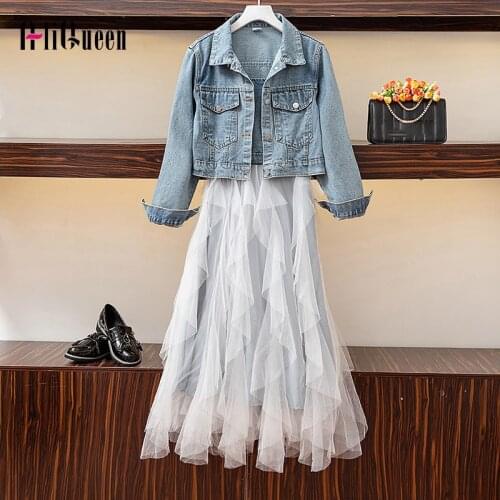 2019 Autumn 2 Piece Sets Women Outfits Casual Denim Jacket Suit Female Jeans Short Coat + Sexy Mesh Stitching Strap Dress Suits