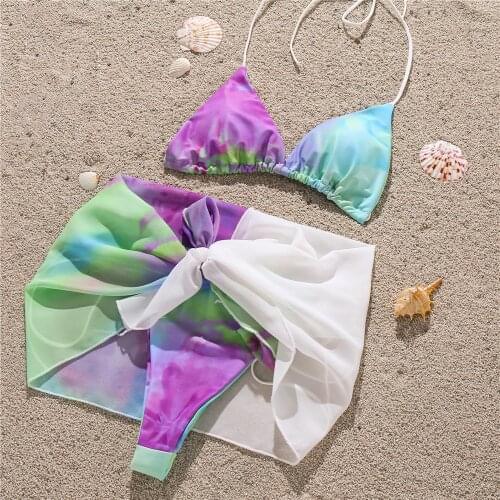 2020 New Tie Dye Halter Ruffled Bikini Women Swimwear Female Swimsuit 3 pieces Bikini set Mesh Short Shirt Bathing Suit Swim