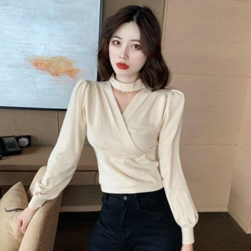 2020 New Korean Version of The Careful Machine V-neck Long-sleeved Waist Slimming All-match Sweater Top Women GX1282