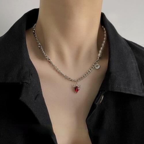 U-Magical Statement Red Cow Rhinestone Pendant Necklace for Women Asymmetric Imitation Pearl Beaded Chain Necklace Jewelry