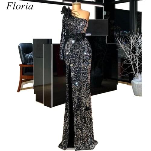 New Arrival Glitter Middle East Formal Evening Dresses 2019 Long Mermaid One Shoulder Prom Dress With Sashes Dubai Party Gowns