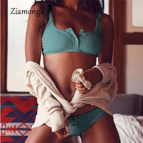 Ziamonga Sexy Ribbed Swimsuit Summer Bikini 2020 Thong Swimwear Women Button Sport Bikini Set White Bathing Suit Brazilian Biqui