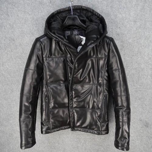Winter Slim Hooded 100% Real Leather Jacket Men Brand Fashion Warm Cowhide Cotton Short Coat Vintage Casual Long Sleeve Outwear