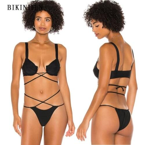 2021 New Sexy Solid Black Swimsuit Women Cross Bandage Swimwear Pullover Bathing Suit S-L Girl High Waist Beachwear Bikini Set