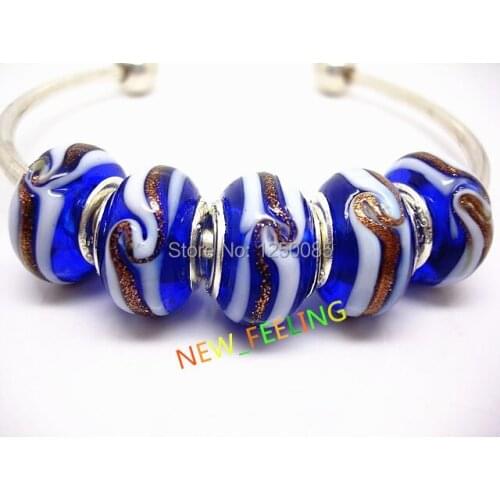 50PCS Royal Blue Whirlpool Pattern Lampwork Glass Beads Fit European Charm Bracelet and Necklace