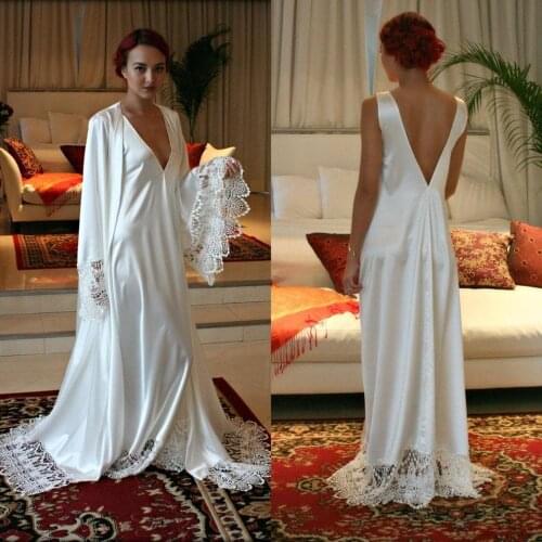 White Bridal Robes Two Pieces Silk Satin Lace Wedding Sleepwear Bathrobes Nightgowns Robe Women Boudoir Dresses Kimono
