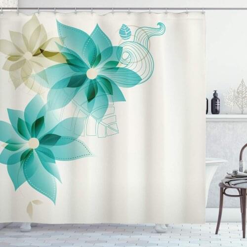 Teal Shower Curtain Vintage Inspired Floral Design with Abstract Vibrant Colored Natural Elements Bathroom Decor Set with Hooks