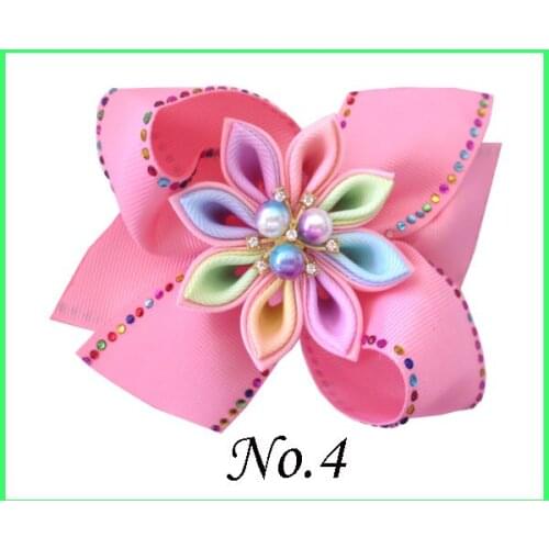 100 BLESSING Good Girl 4.5" Coral Hair Bow Clip Rainbow Rhinestone Pearl Flower