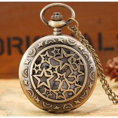 Hollow Stars Design Quartz Pocket Watch Bronze Chain Necklace Pendant Clock Gifts Men Women Antique Collect Timepiece