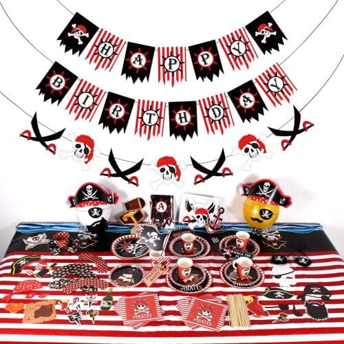 QIFU Pirate Party Decor Tableware Banner Pirate Theme Birthday Party Decor Kids Baby Shower Boy Birthday Party Supplies Favors