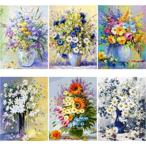 Diy 5d Full Diamond Embroidery Flowers Square Round Diamond Rose Daisy Vase Mosaic Furniture Decoration Hobby Gift