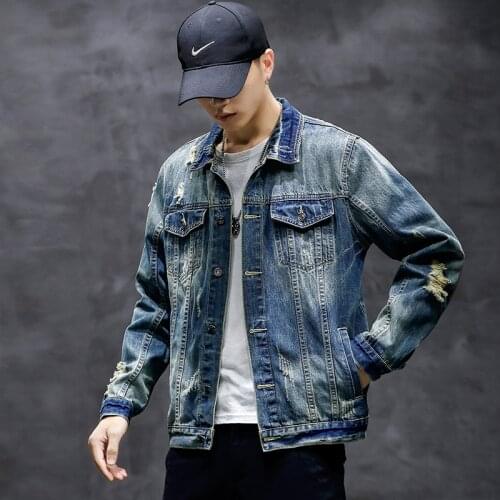 Vintage Ripped Hole Mens Denim Jacket Cotton Fashion Slim Trend Jean Coat Boy Hip Hop Skinny Streetwear Spring Autumn Outerwear