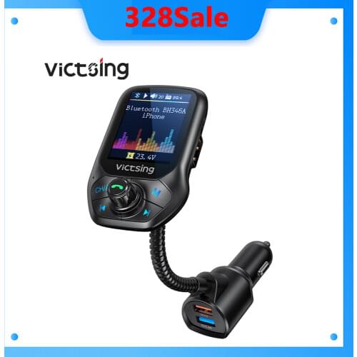VicTsing BH346 Bluetooth FM Transmitter 1.8” Color Screen Radio Adapter for Car Handsfree Calling, 3 USB Port with TF Card/Aux