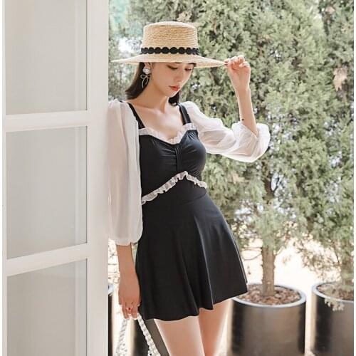 M-5XL Female Plus Size Bathing Suits with Sleeve Blue Swimwear Fat Lady Swimdress Women One Piece 2021 Large Sizes Girl Swimsuit