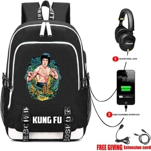 Multifunction USB charging Headphone jack Rucksacks Teenagers Shoulder Bag Chinese Kung Fu Bruce Lee Backpack Children Schoolbag