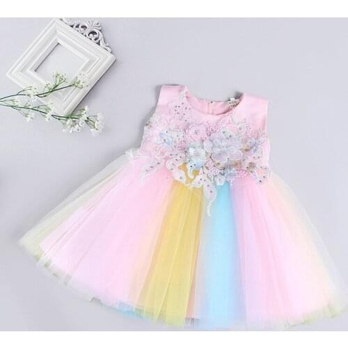 Fashion Baby Girls Dress Kids Flower Allique Bodice Rainbow Tulle Christening Dress Baby Birthday Clothes