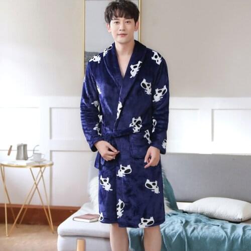 Mens Winter Thicken Warm Robes Cute Cow Cartoon Printed Bathrobe Kimono Home Clothes Long Sleeved Robe Coat Peignoir Homme