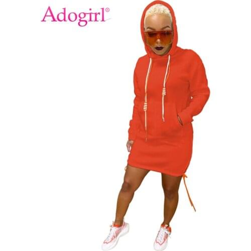 Adogirl Solid Drawstring Hoodies Dress Long Sleeved Split Lace Up Slim Casual Hooded Sweatshirts Mini Dresses Pockets Tracksuit