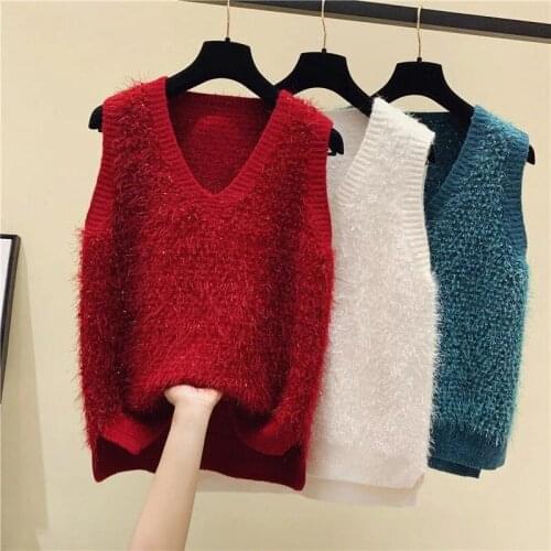 V-neck Sleeveless Solid Sweater Vest Women Loose Bright Silk Tassel Side Slits Simple Style Knitted Clothes Female Tops