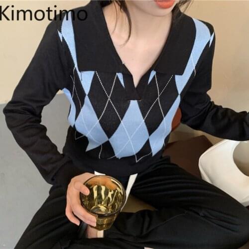 Kimotimo Argyle Pullover Women Turn-down Collar Long Sleeve Color Matching Sweater Korean Autumn All-match Halloween Sweaters