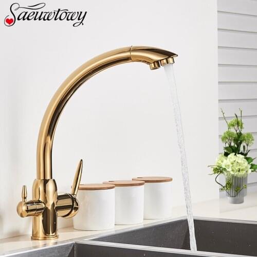 Golden Deck Instation Kitchen Faucet Purer Water Basin Faucet Double Handel Drink Water Sink Faucet 360° Rotatble Hot Cold Mixer