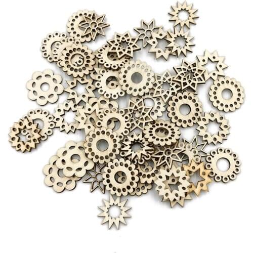 50PCS Handmade Wooden Crafts Accessory Home Decoration Scrapbookings DIY Mix Wood Flower Round Pattern Embellishment