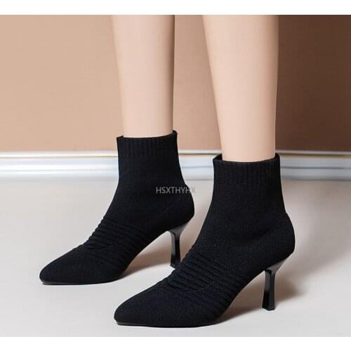 2021 New Black Knitting Elastic Women Socks Boots Shoes Elegant Thin High Heel Pointed Toe Ankle Boots for Women Winter Boots