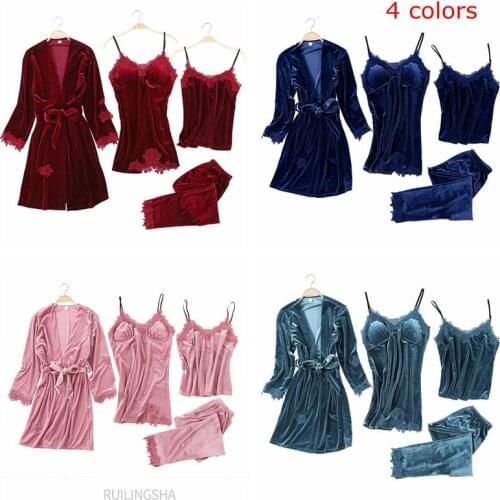 Women Winter Gold Velvet Pajama Sets Plus Size Sexy Kimone Sleep Tops Fashion Velvet 4 Pieces Warm Winter Pajamas Sets Women