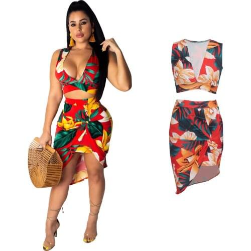 Sexy summer Floral Sets two piece skirt set for Women clothes cropped Tank Tops and skirts club outfits V-neck crop top