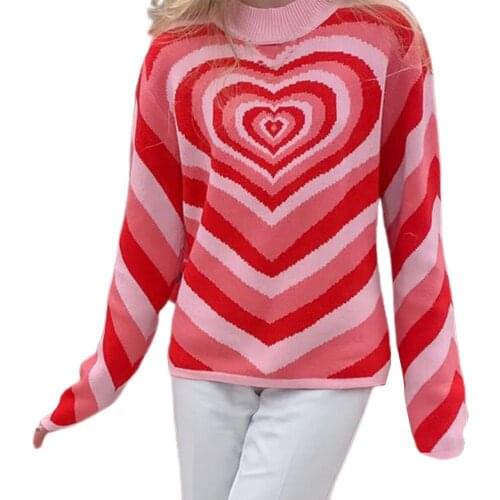 Heart Wave Print Knitted Sweater Half High Collar Autumn Winter Long Sleeve Warm Women Knitwear Streetwear