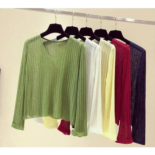Womens spring and autumn thin ice silk sweater 2021 new solid color round neck long-sleeved hollow sweater womens clothing