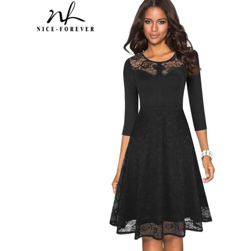 Nice-forever Spring Women Elegant Embroidery Lace Patchwork Dresses Retro Party Pinup Flare Swing Dress btyA072