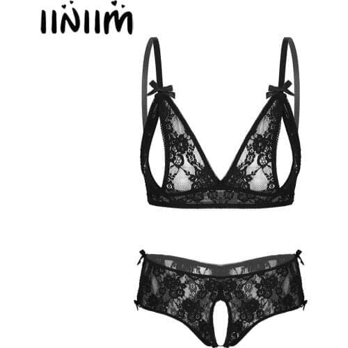 Womens Femme Sexy Padded Embroidered Lace Lingerie Exotic Sets Open Nipples Bra Hole Unlined Side Split Crotchless Underwear