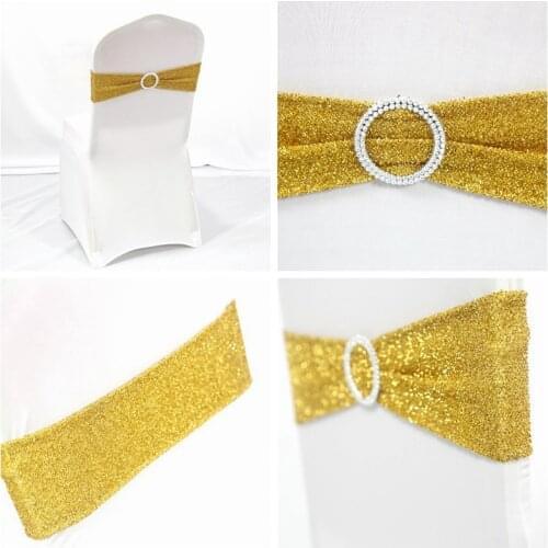 Gold Color Sequin Chair Band Spandex Chair Sash Tie Bow With Buckle For Chair Cover Banquet Wedding Decoration
