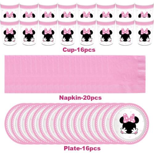 52Pcs/New Disney Pink Minnie Mouse Kids Birthday Party High Quality Paper Cups Baby Shower Decorations Supplies Set Tableware