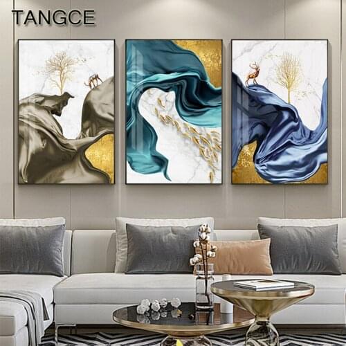 Abstract Blue Silk Deer Canvas Painting Modern Green Poster and Print Purple Tableaux for Living Room Abstract Wall Art Picture