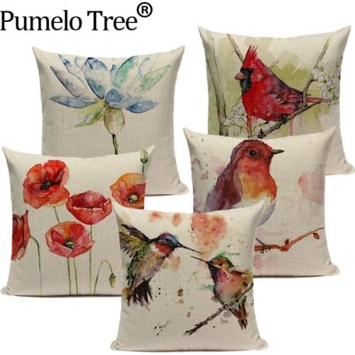 Custom High Quality Sofa Covers Watercolor Plant Bird Lumbar Pillow Covers Cushion Cover Promotion Home Decoration Pillowcase