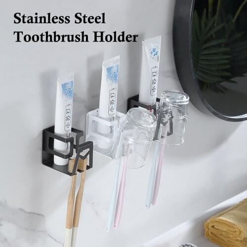 Stainless Steel Toothbrush Holder Punch-Free Toothpaste Toothbrush Holder Bathroom Nail-Free Storage Rack Shelf Mouthwash Cup