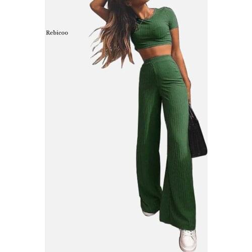Womens Knitted Suit Tracksuit Short Sleeve Crop Top Wide Leg Long Pants 2 Piece Sets Summer Streetwear Set New