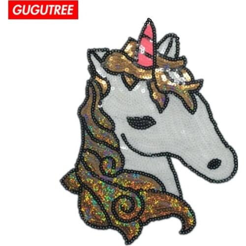 GUGUTREE embroidery paillette big unicorn patch horse patches badge Applique Patch for Coat,T-Shirt,hat,bags,Sweater,backpack