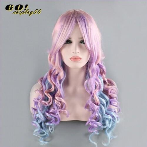 Halloween Xmas Cosplay Fashion Pink Mixed with Blue Purple Beautiful Weavy Long Hair Hairwear