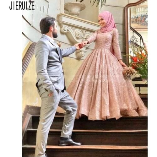 JIERUIZE Rose Gold Sequin Muslim Wedding Dresses High Neck Long Sleeves Wedding Gowns Shiny Arabic Bridal Gowns Vestido de noiva