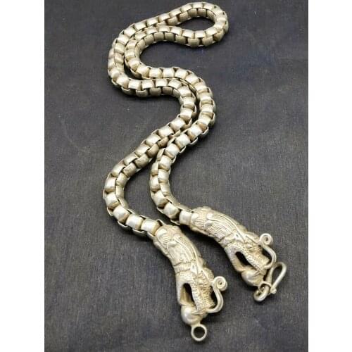 China old Tibet silver carving chain double dragon necklace